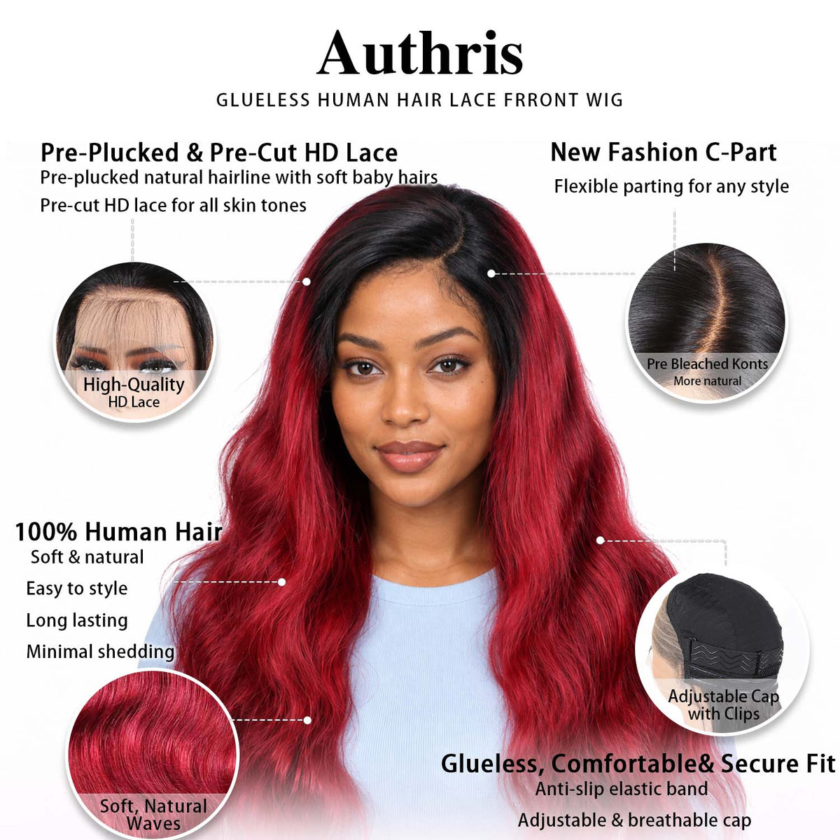 AUTHRIS Body Wave Lace Front Wig | Burgundy Ombre